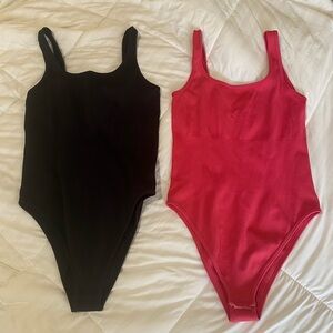 OQQ Ribbed Bodysuits in Black & Hot Pink, Preowned size L